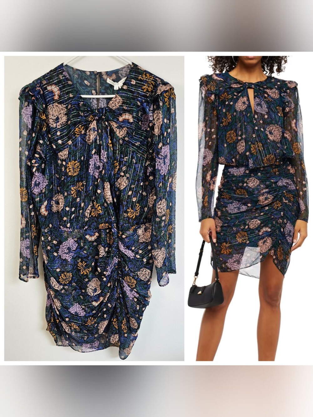 Veronica Beard Metallic Peppa Floral Silk Blouson Dress Rouched Long Sleeve